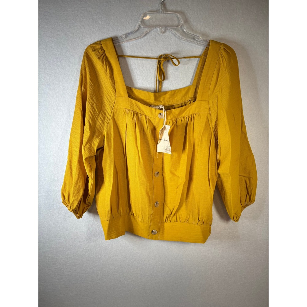 Hem &‎ Thread Mustard Yellow Square Neck Button Down Blouse Large NWT 3031